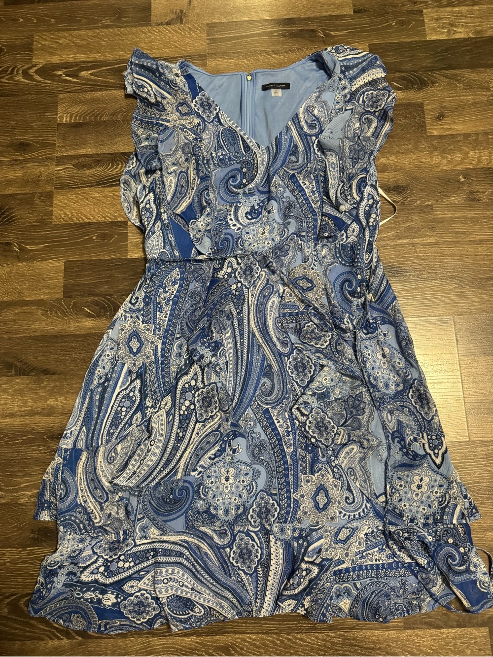 Tommy Hilfiger Blue Paisley Wrap Midi Dress with Ruffle Sleeves